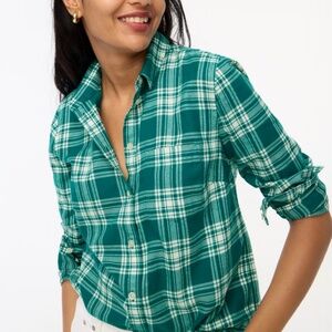 NWT J. Crew Women's Classic-fit Flannel Plaid Button-down Shirt Green White XS